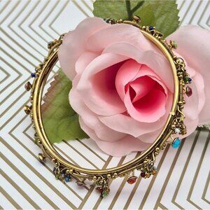 Unique Vintage Bangle Bracelet Gold Tone Dangle Beads & Colorful Rhinestones